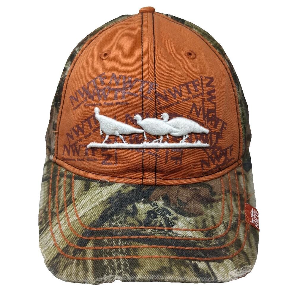 NWTF Baseball Cap Orange Camo One Size Turkey Embroidery Distressed Brim Hat